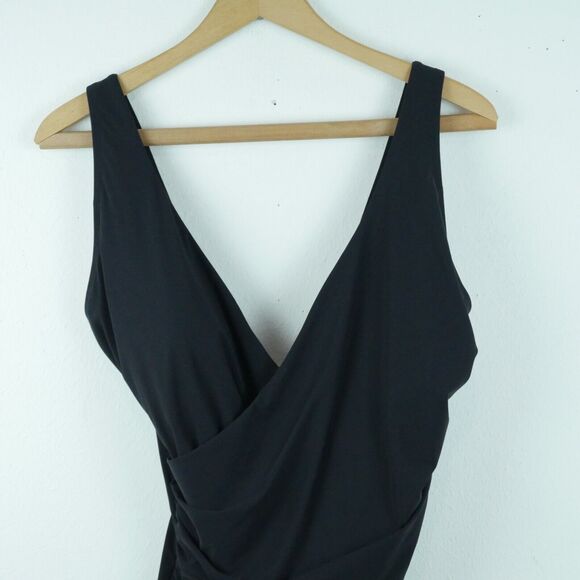 LL Bean Size 16 Swimsuit One Piece Black Cross Front Bathing Suit Ruched - Picture 2 of 7